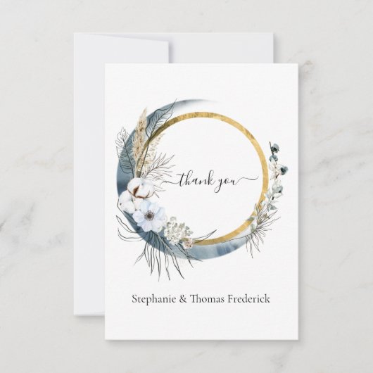 Blauw Witte Gouden Bloemige Waterverf Boho Bruilof Bedankkaart (Voorkant)