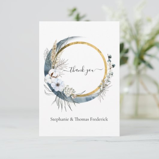 Blauw Witte Gouden Bloemige Waterverf Boho Bruilof Bedankkaart (Staand voorkant)