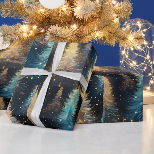 Blauw Witte Gouden Bomen Modern Kerstmis Cadeaupapier (Feestdagen)
