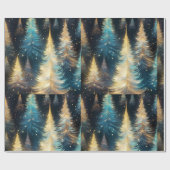 Blauw Witte Gouden Bomen Modern Kerstmis Cadeaupapier (Vlak)