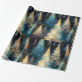 Blauw Witte Gouden Bomen Modern Kerstmis Cadeaupapier (Uitgerold)