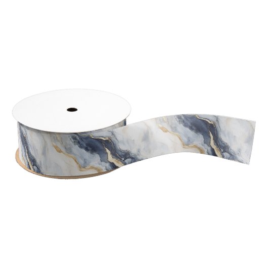 Blauw Witte Gouden Golvend Abstract Grosgrain Lint (Spoel)