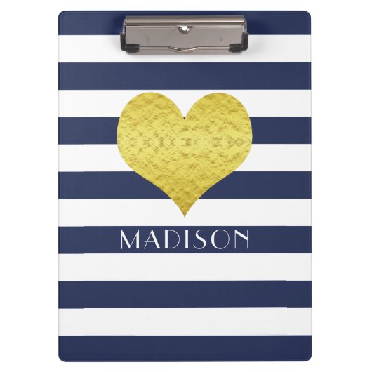 Blauw Witte Gouden Hart Patroon Jouw Naam Klembord (Voorkant)