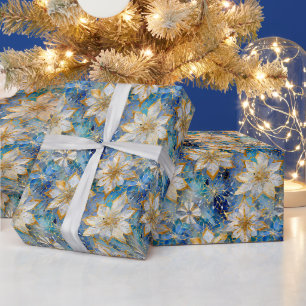 Blauw Witte Gouden Kerst Poinsettia's Cadeaupapier
