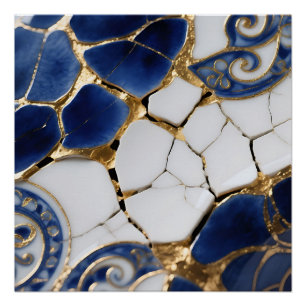 Blauw Witte Gouden Kintsugi Porselein Mozaïek Perfect Poster