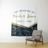 Blauw Witte & Gouden Marmer Chic Modern Trouwen Wandkleed (In situ)