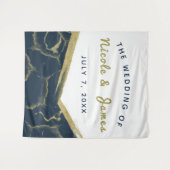 Blauw Witte & Gouden Marmeren Chic Modern Trouwfee Wandkleed (Voorkant (horizontaal))