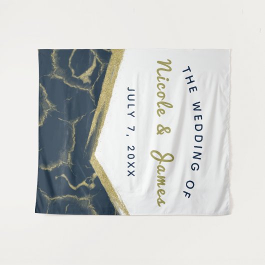 Blauw Witte & Gouden Marmeren Chic Modern Trouwfee Wandkleed (Voorkant (horizontaal))