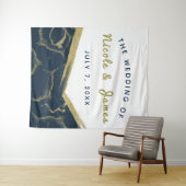 Blauw Witte & Gouden Marmeren Chic Moderne Trouwda Wandkleed (In Situ (horizontaal))