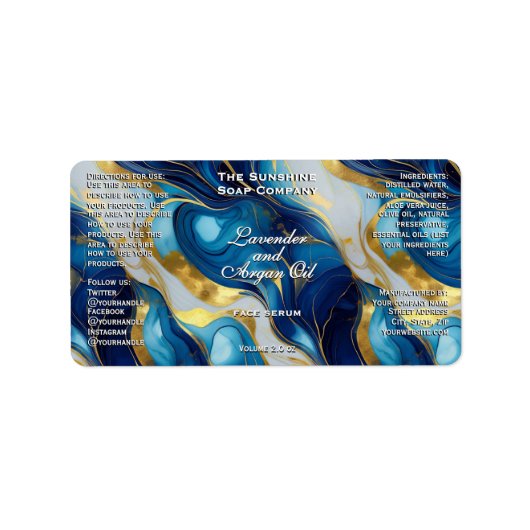 Blauw Witte Gouden Marmeren Cosmetica Druppelfles Etiket (Voorkant)
