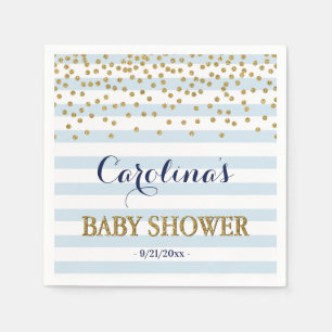 Blauw Witte Gouden Streep Confetti Baby Jongensfee Servet