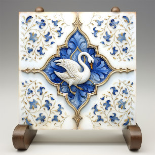 Blauw Witte Gouden Zwaan Middeleeuwse Rolwerk Tegeltje
