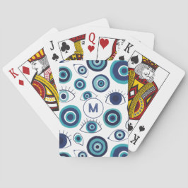 Blauw Witte Griekse Boze Oog Patroon Monogram Pokerkaarten