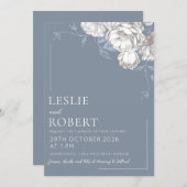 Blauw Witte & Grijs Gegraveerde Bloemen Bruiloftsi Kaart (Voorkant / Achterkant)