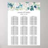 Blauw-witte groene Floral Wedding Seating Chart Poster (Voorkant)