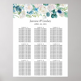 Blauw-witte groene Floral Wedding Seating Chart Poster