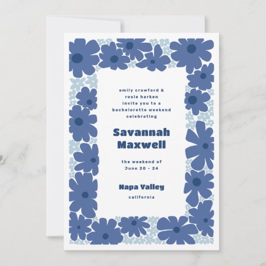 Blauw-witte Groovy Blooms Boho Bachelorette Kaart (Voorkant)