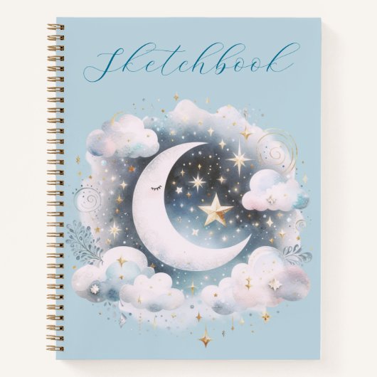 Blauw Witte Halve Maan Hemelse Boho Schetsboek Notitieboek (Voorkant)