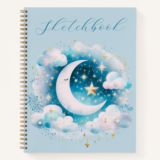 Blauw Witte Halve Maan Hemelse Boho Schetsboek Notitieboek (Voorkant)