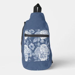  BLAUW-WITTE HANDGETEKENDE BLOEMEN SLING BAG