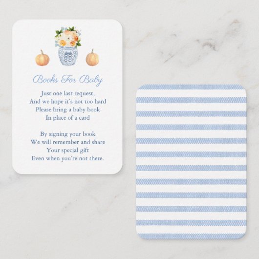 Blauw-witte Herfst Breng een boek Baby shower Informatiekaartje (Voorkant / Achterkant)