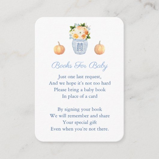 Blauw-witte Herfst Breng een boek Baby shower Informatiekaartje (Voorkant)