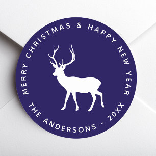 Blauw Witte Hert Ree Kerstvakantie Ronde Sticker