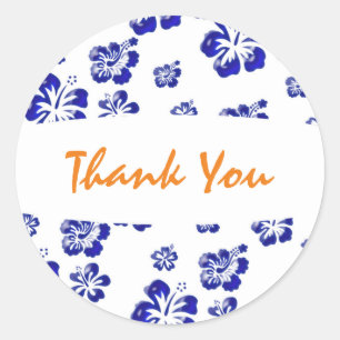 Blauw & Witte Hibiscus Bloem Bloemstuk Feest Stick Ronde Sticker