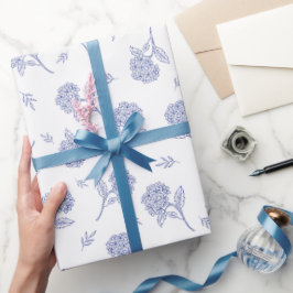 Blauw & Witte Hortensia Botanische Toile-patroon Cadeaupapier