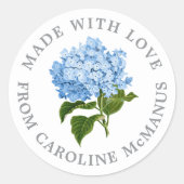 Blauw-witte hortensia gemaakt met liefde ronde sticker (Voorkant)