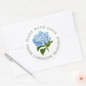 Blauw-witte hortensia gemaakt met liefde ronde sticker (Envelop)