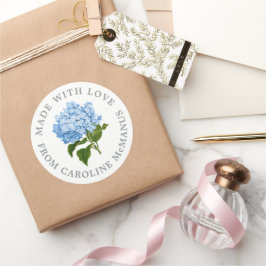 Blauw-witte hortensia gemaakt met liefde ronde sticker