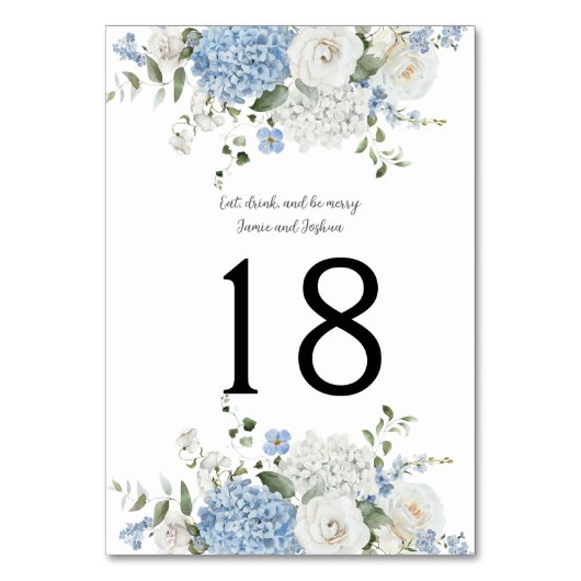 Blauw Witte Hortensia's, Rozen Trouwtafel Nummer Kaart (Achterkant)