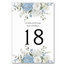 Blauw Witte Hortensia's, Rozen Trouwtafel Nummer Kaart
