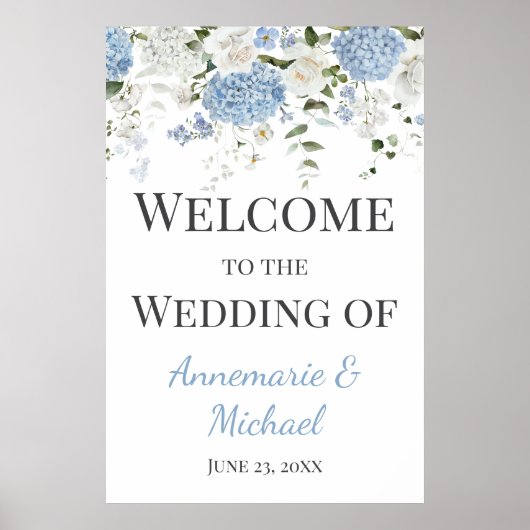 Blauw-witte hortensia's Welkom op onze bruiloft Poster (Voorkant)