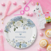 Blauw Witte Hortensia's, Witte Rozen Bloemen Huwel Papieren Bordje (Feest)