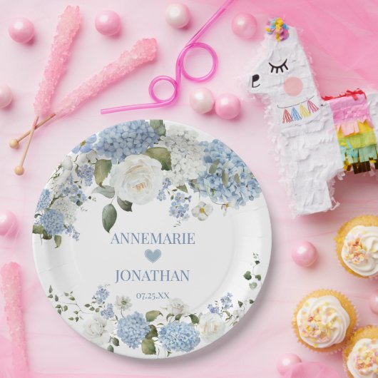 Blauw Witte Hortensia's, Witte Rozen Bloemen Huwel Papieren Bordje (Feest)