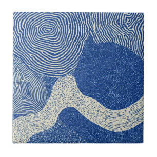 Blauw Witte Houtsnede Golf Abstract Patroon Tegeltje