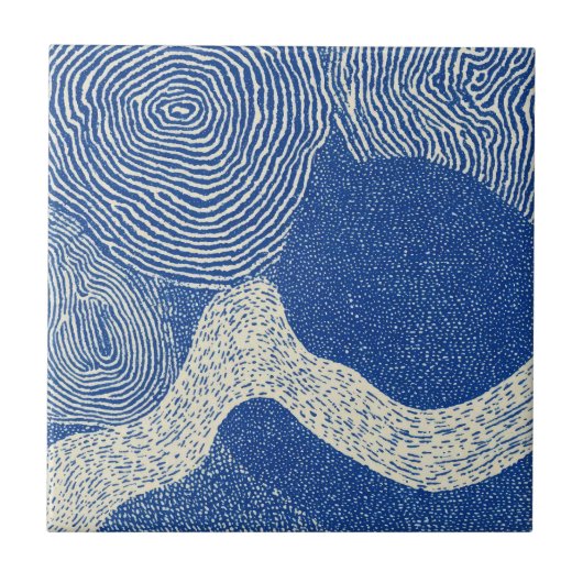 Blauw Witte Houtsnede Golf Abstract Patroon Tegeltje (Voorkant)