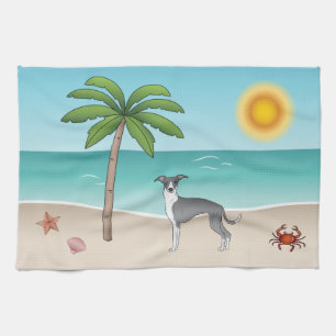 Blauw-Witte Iggy-hond op een Tropisch Zomerstrand Theedoek