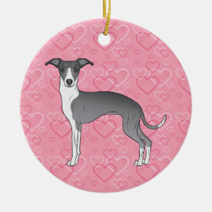 Blauw Witte Iggy Hond - Roze Hartjes Huisdier Herd Keramisch Ornament