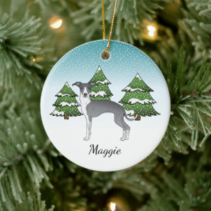 Blauw-Witte Italiaanse Windhond in Winterbos Keramisch Ornament