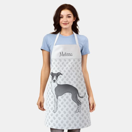 Blauw-Witte Italiaanse Windhond Met Aangepaste Naa Schort (Gedragen)