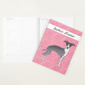 Blauw-Witte Italiaanse Windhond op Roze Harten Planner (Display)