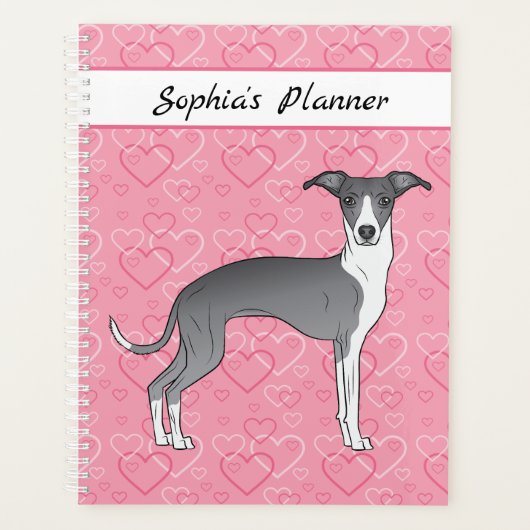 Blauw-Witte Italiaanse Windhond op Roze Harten Planner (Voorkant)