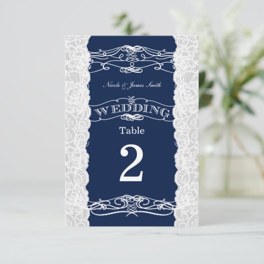 Blauw & Witte Kant Bruiloft Tafel Nummer Kaarten (Staand voorkant)