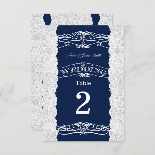 Blauw & Witte Kant Bruiloft Tafel Nummer Kaarten (Voorkant / Achterkant)
