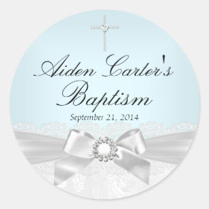 Blauw Witte Kant & Doopsticker met Kruis Ronde Sticker
