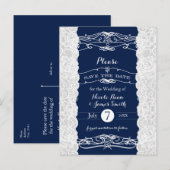 Blauw & Witte Kant Elegante Trouw Save the Date Aankondigingskaart (Voorkant / Achterkant)