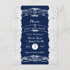 Blauw & Witte Kant Elegante Trouw Save the Date Aankondigingskaart